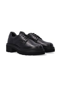 Zwarte leren schoenen hebben een ronde neus, lage hak, vetersluiting en een gestructureerde zool voor grip. Gladde afwerking met zichtbare stiksels.