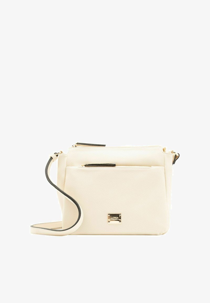 Borsa a tracolla in pelle crema con due tasche con cerniera, hardware in tonalità oro e una tracolla nera a contrasto, caratterizzata da una superficie testurizzata.