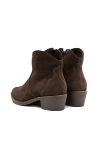 Pair of brown suede ankle boots with block heels, side zippers, and curved stitching details, shown from back and side angles.