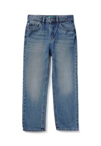 Vaqueros de mezclilla azul claro con un ajuste relajado, diseño de cinco bolsillos y sutiles desgastes en la parte delantera y trasera. Dobladillo sencillo con detalles de costura.