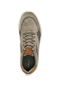 Sneaker grigio in suede con dettagli marroni, punta rotonda, pannelli testurizzati, chiusura con lacci e branding integrato sulla soletta.