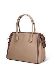 Borsa a mano beige con texture granulosa, dettagli marroni, doppi manici e chiusura con cerniera. Presenta dettaglio con logo sulla parte anteriore.