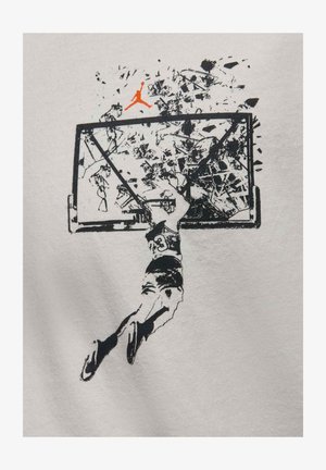White cotton shirt featuring a black graphic of a basketball player dunking, with an orange Jordan logo above the hoop, representing motion and action.