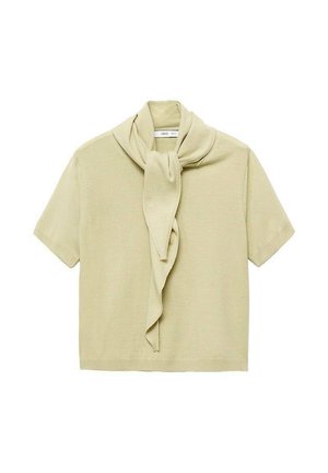 Light beige short-sleeve knit top with attached scarf detail draped around the neckline.