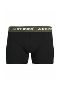 Boxer noir à coupe ajustée, fabriqué en matière douce. Présente une ceinture verte avec l'inscription "JJ STUDIOS" en lettres blanches.