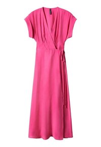 Robe portefeuille rose vif à manches courtes, encolure en V, ceinture nouée sur le côté, longueur midi, tissu lisse.