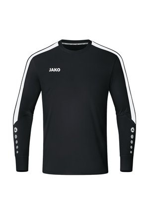 Langärmliges schwarzes Sportshirt mit weißen Seitenstreifen, Rundhalsausschnitt und Knopfakzenten an den Ärmeln. Mit "JAKO"-Logo auf der Vorderseite.