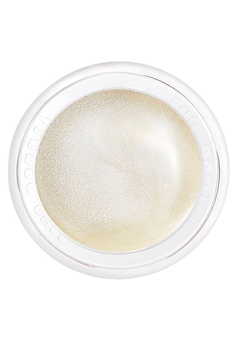 Conteneur rond et blanc avec un produit lisse, scintillant et jaune pâle à l'intérieur, présentant un léger éclat métallique et une finition brillante.