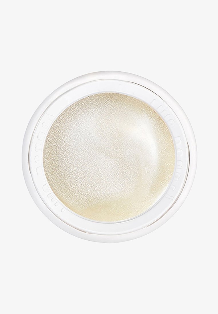 Rond, wit container met een gladde, glanzende, lichtgele inhoud, gekenmerkt door een subtiele metallic glans en een glanzende afwerking.