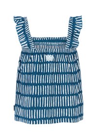 Mėlyna ir balta juostuota liemenėlė su raukiniais ant petnešėlių ir susiraukšliu detaliu. Pagaminta iš minkštos medžiagos, šalia apvado yra logotipo pleistras.