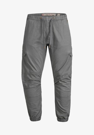 Gray cargo pants featuring a drawstring waistband, elastic cuffs, side pockets, and a lightweight, woven texture.