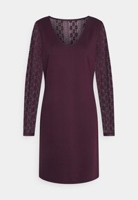 Burgundské šaty s dlouhými krajkovými rukávy a výstřihem do V; vypasovaná korzetová část a rovný lem; hladká, elastická látka.