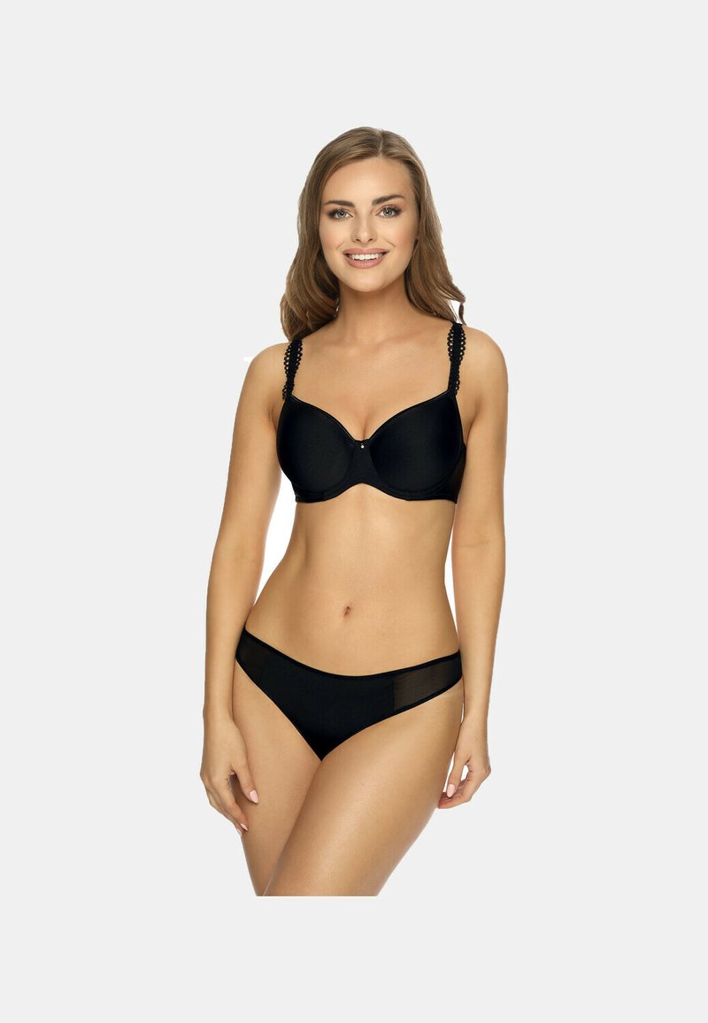 Black lingerie set featuring a molded bra with decorative straps and a matching sheer-panel bikini bottom, both in smooth fabric.