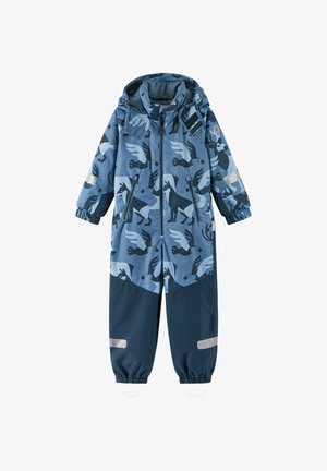 Niebieski wodoodporny kombinezon z graficznym nadrukiem ptaków i koni. Posiada elastyczne mankiety, zamek błyskawiczny oraz odblaskowe akcenty dla lepszej widoczności.