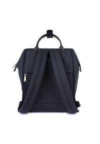 Zaino blu navy realizzato in tessuto texture, dotato di una maniglia superiore, due spallacci regolabili e una tasca laterale con zip per il riponimento.