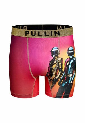 Boxers rouges et roses avec ceinture élastique dorée étiquetée "PULLIN" et illustration de deux robots futuristes en costumes noirs et or.