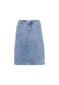 Leren denimrokken in lichtblauw, met een voorkantsplit, rechte snit, riemlussen en een klassieke knoopsluiting. Dubbel stikseldetails door het hele kledingstuk.