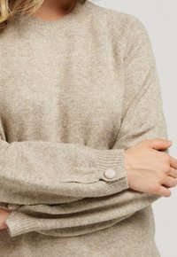 Pull en tricot beige avec un col rond, présentant une finition texturée et un détail de bouton au poignet. Tissu doux, coupe décontractée.