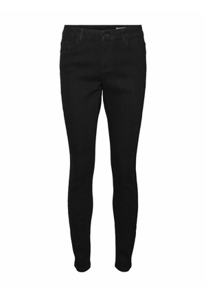 Melni šaurie džinsi, izgatavoti no denima, ar priekšējo pogu aizdari, piecām kabatām un vienkrāsainu dizainu bez rakstiem vai rotājumiem.