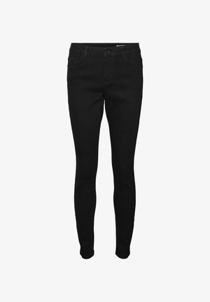 Fekete skinny farmernadrág, elől gombos záródással, öt zsebbel, egyszínű, minták vagy díszítések nélkül.