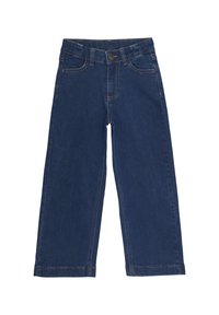 Pantaloni larghi in denim blu scuro con chiusura a bottone, cinque tasche e cuciture a contrasto lungo le cuciture. Tessuto liscio e orlo pulito.