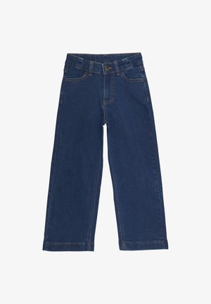 Tumedat sinised denim laiad püksid nupuklõpsuga, viie taskuga ja kontrastõmblustega õmbluste ääres. Sile tekstuur ja puhas äär.