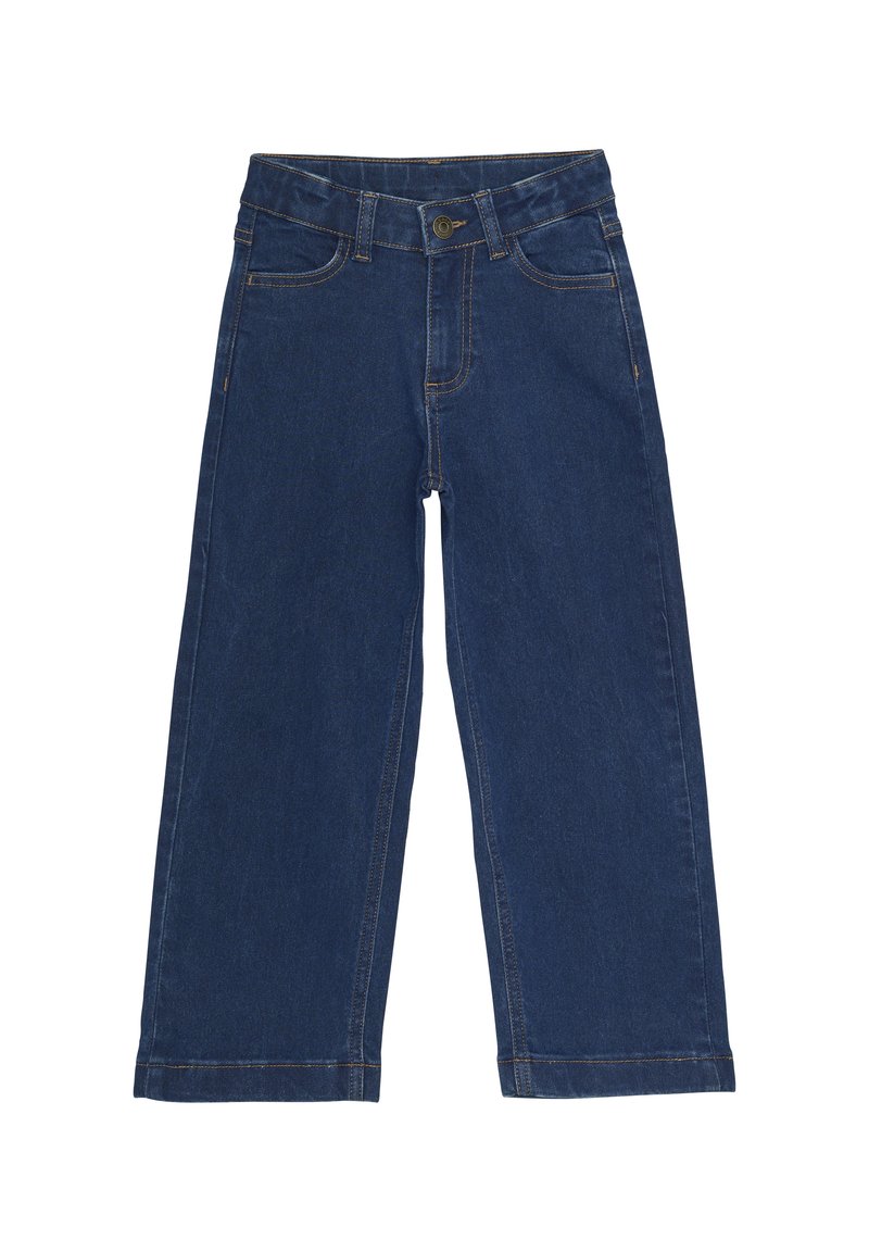 Pantaloni larghi in denim blu scuro con chiusura a bottone, cinque tasche e cuciture a contrasto lungo le cuciture. Tessuto liscio e orlo pulito.