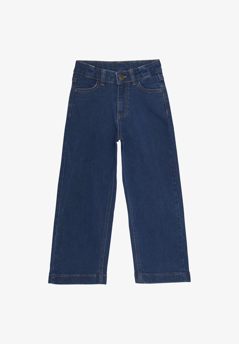 Tumedat sinised denim laiad püksid nupuklõpsuga, viie taskuga ja kontrastõmblustega õmbluste ääres. Sile tekstuur ja puhas äär.