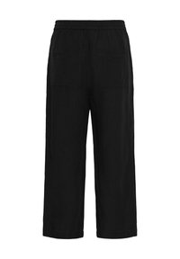 Black wide-leg pants with an elastic waistband, featuring two back pockets and a lightweight fabric, suitable for casual wear.