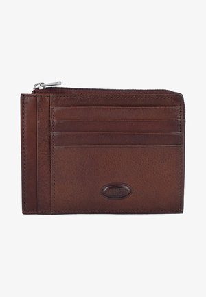 Portefeuille en cuir marron avec une finition texturée, doté d'une poche zippée sur le dessus et de plusieurs emplacements pour cartes. Pas de marque ni d'embellissements visibles.