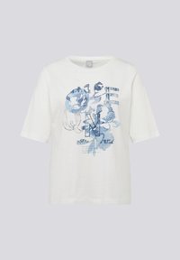 White cotton t-shirt with short sleeves, featuring blue floral and letter print design, and text detail on the front.