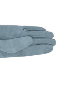 Guanti in suede blu caratterizzati da una texture liscia e dettagli cuciti, con una sottile accentuazione floreale nell'area del polso.
