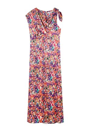 Langes, ärmelloses Kleid in einem lebhaften, mehrfarbigen abstrakten Muster. Weicher Stoff mit einem drapierten Ausschnitt und einer Schleifendetail an einer Schulter.