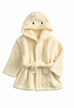 Cremefarbener weicher Kinderbademantel mit Kapuze, der Entengesichtsdetails und einen gebundenen Gürtel in der Taille hat.