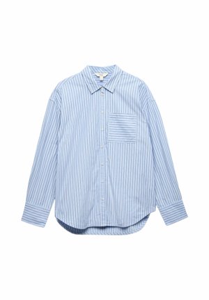 Camisa de botones a rayas azules y blancas, mangas largas, ajuste relajado, bolsillo en el pecho con rayas horizontales, tela de algodón suave.