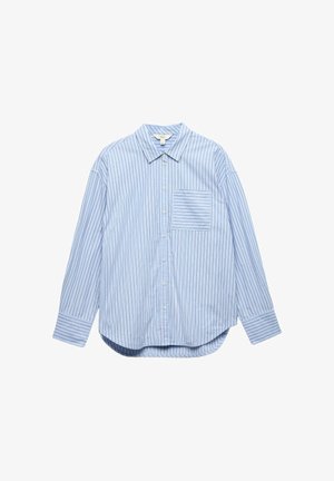 Blauw-wit gestreept overhemd met knopen, lange mouwen, losse pasvorm, borstzak met horizontale strepen, zacht katoenen stof.