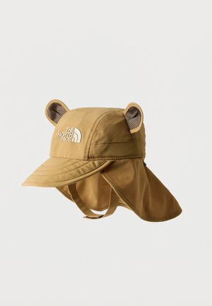 Cappellino da esterno marrone chiaro con para sole e orecchie da orso foderate in rete, con il logo The North Face sul davanti.