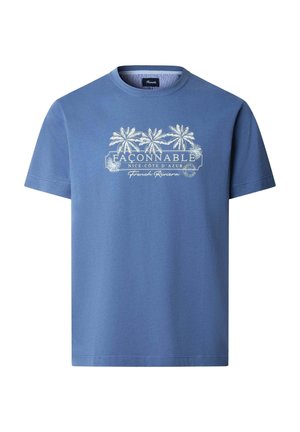 Camiseta azul de manga corta con gráfico blanco de palmeras y texto "Façonnable Nice-Côte d'Azur Riviera Francesa" en el pecho.
