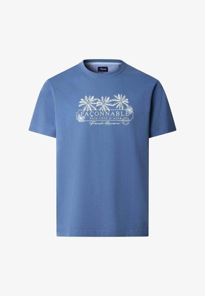 Blauw T-shirt met korte mouwen en een witte afbeelding van palmbomen, met de tekst "Façonnable Nice-Côte d'Azur Franse Rivièra" op de borst.