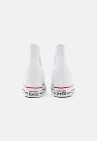 White canvas high-top sneakers featuring a rubber sole, red and blue accents, and the "Converse All Star" logo on the heel.