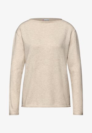 Top beige a maniche lunghe realizzato in tessuto morbido, con scollo rotondo e vestibilità rilassata. La texture appare liscia e leggera.