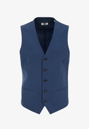 Chaleco azul marino con escote en V, cinco botones marrones, dos bolsillos frontales y un diseño elegante. Fabricado en tejido suave con una silueta estructurada.