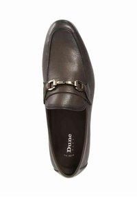 Brown leather loafer with a smooth texture, featuring a metal accent strap across the vamp. Interior shows brand logo printed in white.
