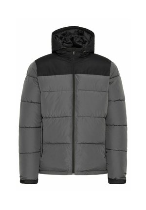Graue gepolsterte Jacke mit einem schwarzen oberen Abschnitt und Kapuze. Sie verfügt über einen Frontreißverschluss und elastische Bündchen. Das Material scheint glatt und langlebig zu sein.