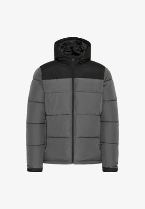 Graue gepolsterte Jacke mit einem schwarzen oberen Abschnitt und Kapuze. Sie verfügt über einen Frontreißverschluss und elastische Bündchen. Das Material scheint glatt und langlebig zu sein.