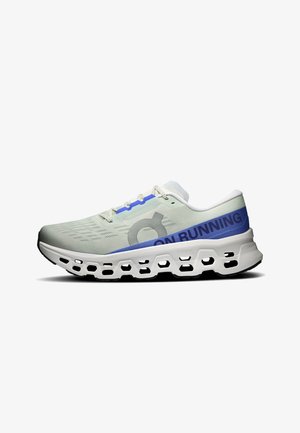 Light gray and blue running shoe with perforated white sole, "ON RUNNING" text on side, and lace-up closure.