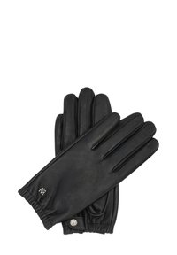 Fekete bőr kesztyűk sima felülettel és testhez álló kialakítással. Jellemzői közé tartozik egy ráncolt csukló és egy fém logó akcentus a mandzsettánál.