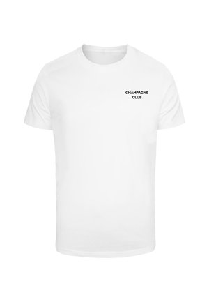 Witte katoenen t-shirt met korte mouwen, voorzien van de zwarte tekst "CHAMPAGNE CLUB" op de linkerborst. Klassieke ronde halslijn.