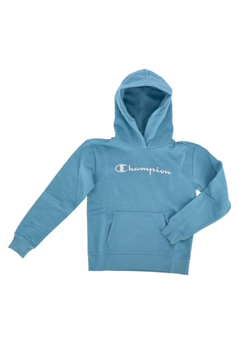 Sudadera con capucha de color azul claro hecha de una mezcla de algodón. Presenta un bolsillo canguro en la parte frontal, puños de canalé y una capucha con cordón y un logo.