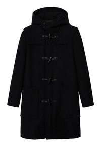 Manteau en laine noire avec capuche, doté de fermetures à bascule, de deux poches avant et d'un tissu texturé pour la chaleur.